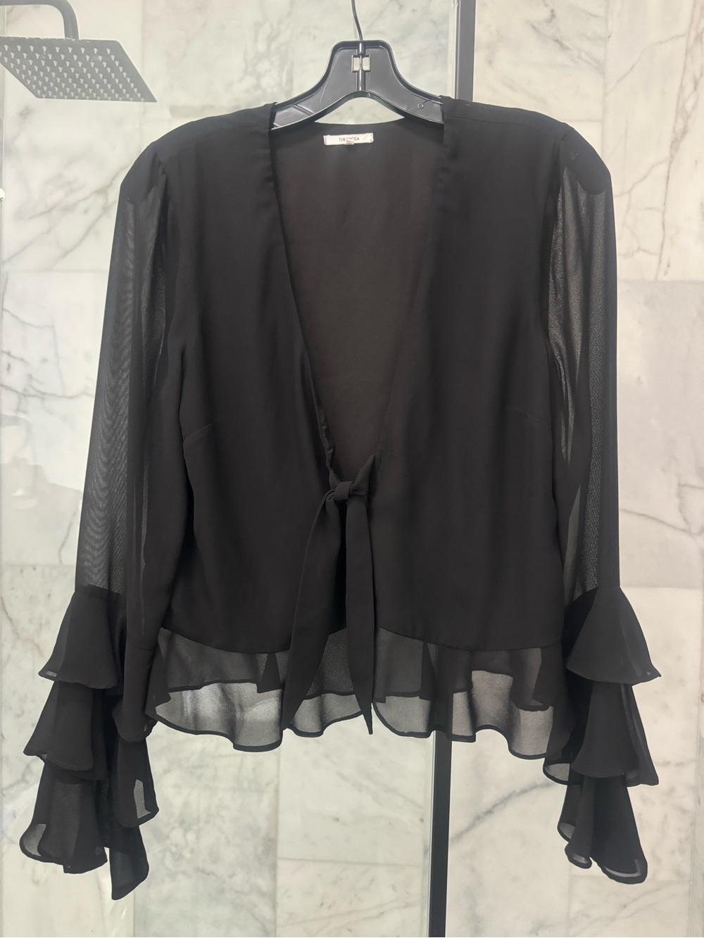 Tularosa Black Sheer Ruffle Tie-Front Women's Top